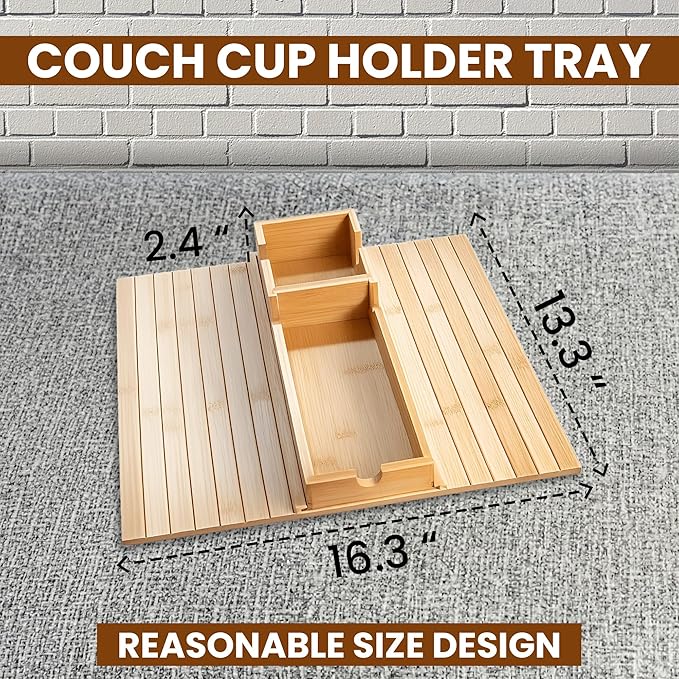 Couch arm tray 3-in-1 Bamboo Sofa Armrest Table, Adjustable 4.5"-14" Non-Slip Couch Cup Holder Tray Table, Foldable Armchair Tray for Drinks, Snacks, Phone & Remote, Space Saving Sofa Tray