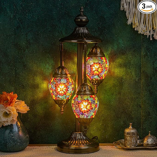 Marrakech Turkish Lamp 3 Globes Moroccan Table Lamp with Bronze Base, 23" Tall Handmade Colorful Tiffany Mosaic Glass Night Light Fixture Including LED Bulb for Living Room Bedroom Decor