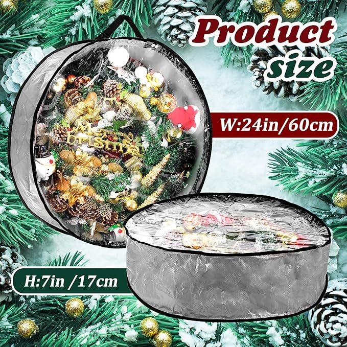 Dunzy 8 Pieces Wreath Container Christmas Wreath Storage Bag Garland Tear Resistant Fabric Round Boxes with Clear Window for Storage for Xmas Holiday Ornament(24×24×7.8 Inch,Gray)