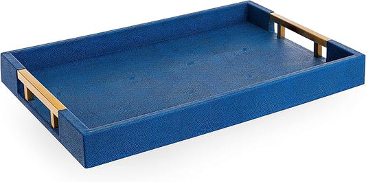 Modern Elegant 17.5”x12” Rectangle Navy Blue Faux Leather Shagreen Decorative Tray Ottoman Tray Coffee Table Perfume Living Room Kitchen Serving Tray with Brass Gold Metal Handles by Home Redefined.