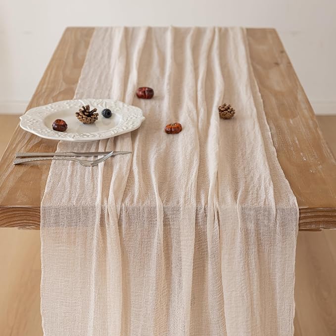 Keketoarrange Beige Spring Easter Cheesecloth Table Runner Gauze Rustic 120 Inch 10 FT for Wedding Baby Shower Bridal Shower Birthday Engagement Garden Party Long Sheer Boho Home Decorations