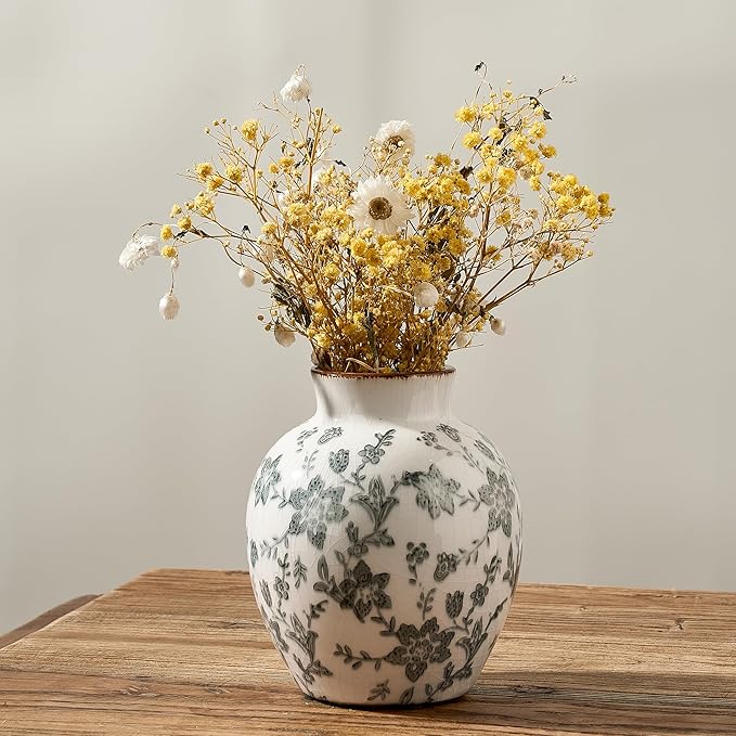 SIDUCAL Ceramic Vintage Vase, 5.83 Inch Retro Ice Cracked Chinoiserie Floral Vase, Rustic Farmhouse Vases for Home Decor, Bookshelf, Garden, Chinoiserie Decor, Tuscan Decor, Gray Floral Pattern