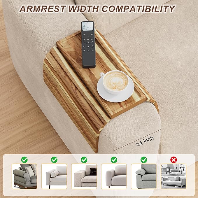 ZUJJAFY Sofa Arm Tray, Acacia Wood Folding Couch Armrest Table, Anti-Falling Armrest Tables Cup Holder for Snacks, Drinks, Beers, Phone, Control, Flexible and Portable, Anti-Slip Bottom