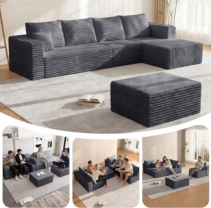 Modular Sectional Cloud Couch Boneless Convertible Sofa for Living 118" U-Shape Memory Foam Sectional Couches with Oversized Chaise | Right Facing Chaise, Sofa in a Box, Cloud Couch, Deep Seats, No Assembly Required