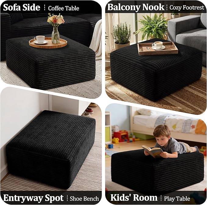 Corduroy Ottoman, Modern Boneless Cloud Foot Rest Foam Support, Oversized Modular Sectional Sofa Stool for Living Room, Bedroom & Small Spaces, No Assembly Required (Black, Ottoman) | Foam Support, Living Room Bedroom, Small Spaces, No Assembly Required