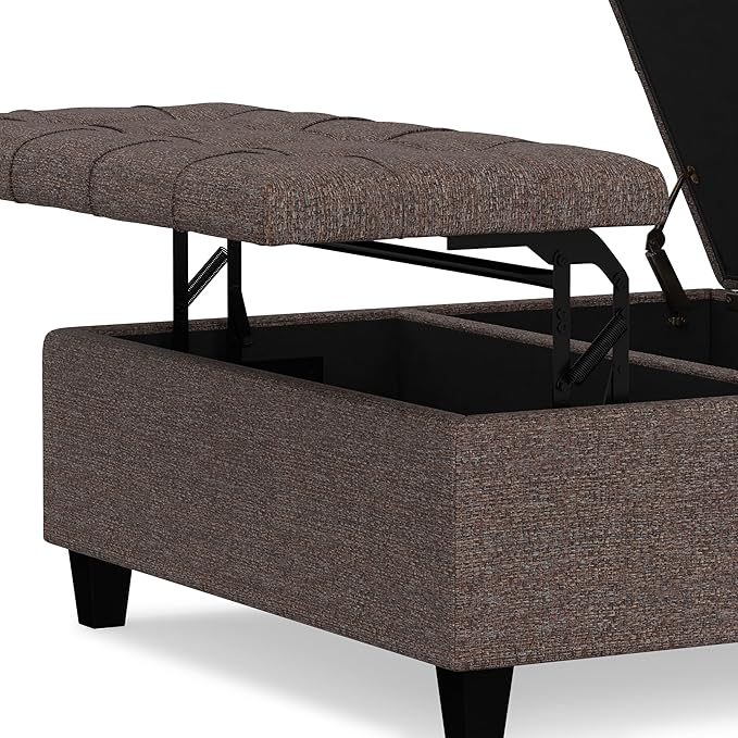 SIMPLIHOME Harrison Coffee Table Storage Ottoman - 36 inch Wide Upholstered Tweed Look Fabric Square Lift-Top Ottoman in Mink Brown, Transitional Ottoman for Living Room with Hidden Storage