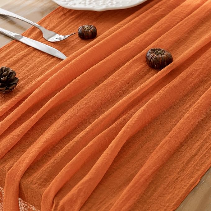 Keketoarrange 3pcs Orange Gauze Rustic Cheesecloth Table Runner 120 Inch 10 FT for Wedding Baby Shower Bridal Shower Birthday Engagement Garden Outdoor Party Long Sheer Boho Decorations