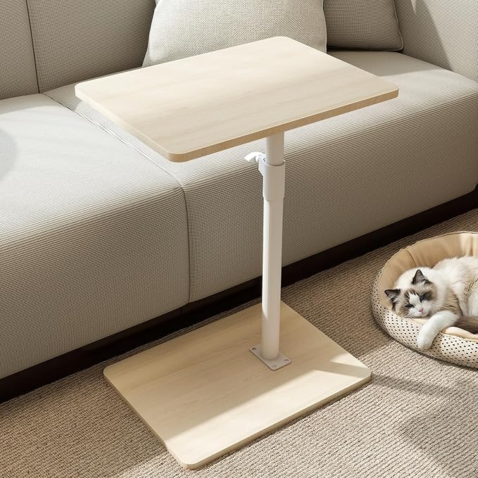 YUHFERA Sofa Armrest Tray Table for Couch - 360 Swivel Height Adjustable End Table for Small Spaces, Snack Side Table for Bed or Chair with Phone & Tablet Slot (Oak, Enlarged)