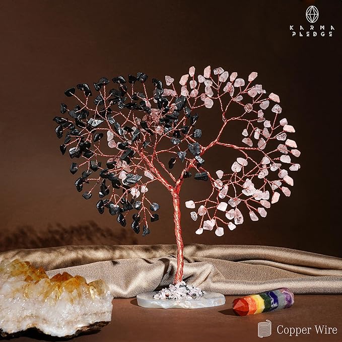 Handmade Healing Crystal Tree of Life Black Obsidian & Rose Quartz Chakra Tree for Money, Good Luck, Feng Shui Home Decor, Living Room Office Deocration, Unique Birthday Gifts for Women, Men, Mom
