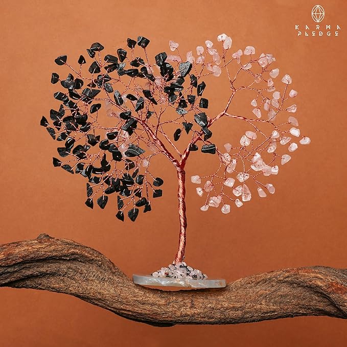 Handmade Healing Crystal Tree of Life Black Obsidian & Rose Quartz Chakra Tree for Money, Good Luck, Feng Shui Home Decor, Living Room Office Deocration, Unique Birthday Gifts for Women, Men, Mom
