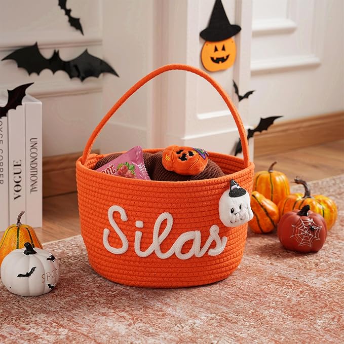 JUPPE Personalized Halloween Trick or Treat Basket, Custom Cotton Rope Candy Storage, Multi-Color, Medium 10x8 inches (Style 9)