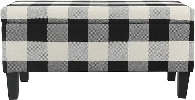 HomePop Large Upholstered Rectangular Storage Ottoman Bench with Hinged Lid, Black Buffalo Plaid