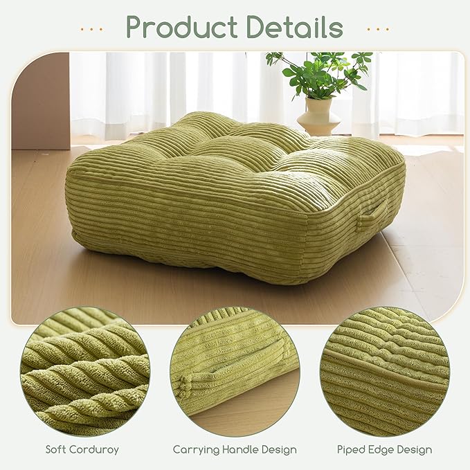 HIGOGOGO 6" Extra Thick Floor Pillow Cushion for Adults, Meditation Cushion Pillow, Large Square Floor Sitting, Tufted Corduroy Cover, for Tatami Living Room or Yoga, 22x22 Inch, 2Pack, Green