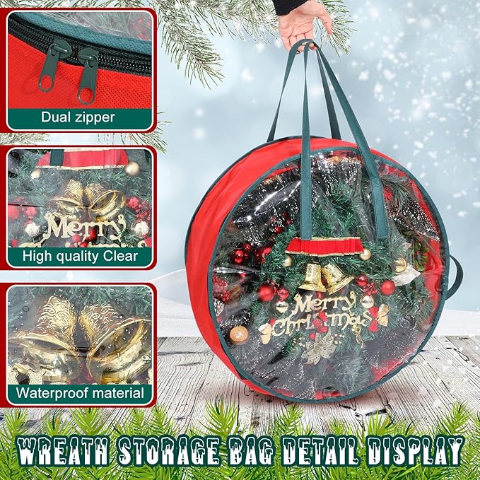 Shappy 4 Pcs Red Wreath Storage Bag Clear Wreath Box Storage Containers with Clear Window and Handle Garland Containers for Holiday Seasonal Bags (36 Inch)
