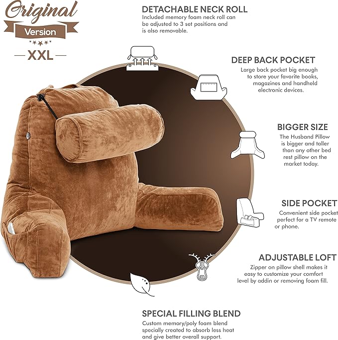 Husband Pillow XXL The Original for Adults - 30" Tall Backrest for Sitting Up in Bed - Firm Support Reading & Bed Rest Pillows for Adults, Neck Roll, Removable Cover - TV - Tan