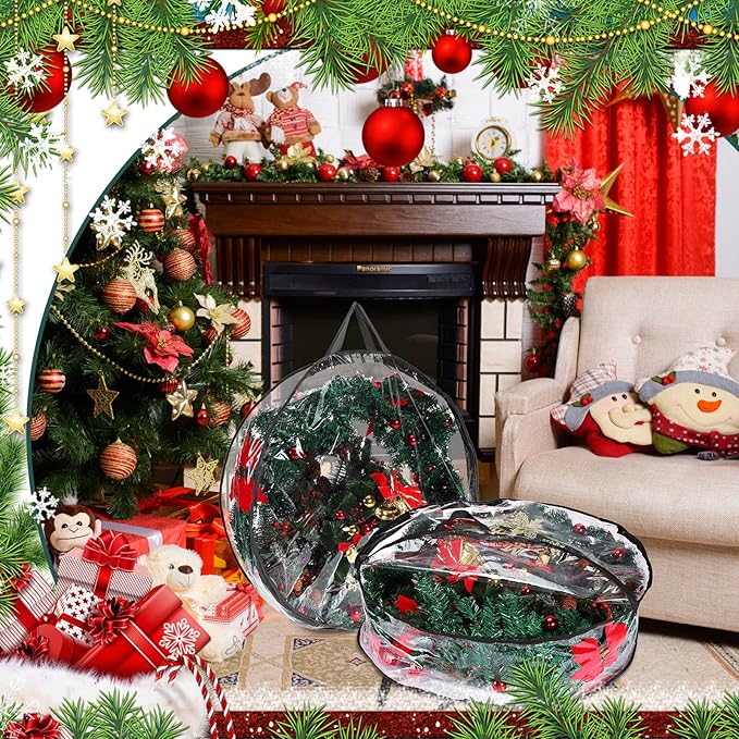 Shappy 6 Pieces Christmas Wreath Storage Container 30 Inch Wreath Plastic Storage Bags with Dual Zippers and Handles for Xmas Thanksgiving Holiday Artificial (Clear,Black)