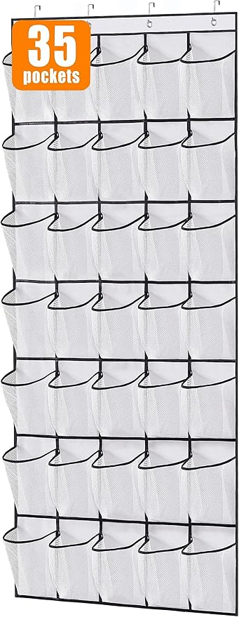 MISSLO 35 Large Pockets Over The Door Shoe Organizer Sturdy Oxford Fabric Hanging Shoe Rack for Door Mesh Closet Shoe Holder Hanger, White