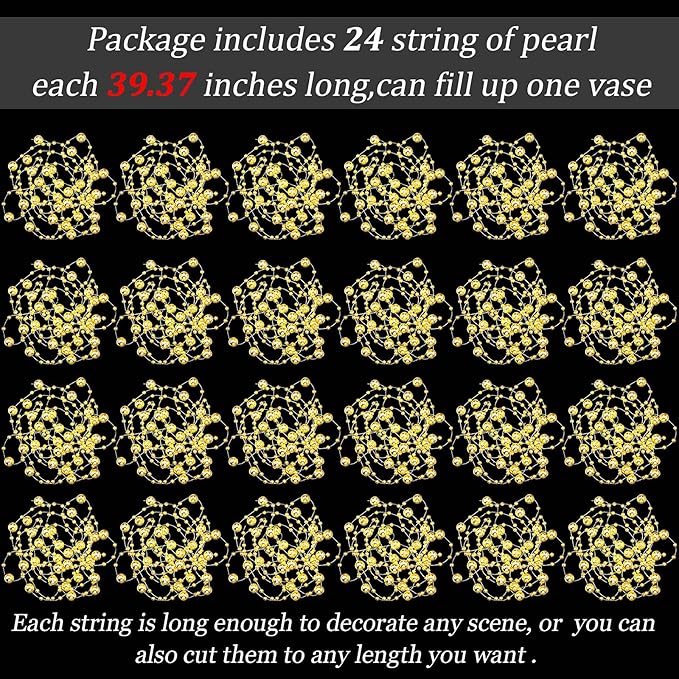 Tondiamo 24 Pcs Artificial Pearl String for Floating Candle Faux Pearls Beads String Garland Centerpiece Decoration for Vases Filler Wedding Spring Holiday Party Decor(Gold)