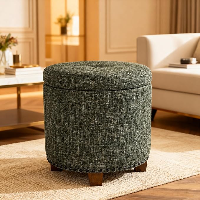 Homepop Home Decor | Upholstered Round Storage Ottoman with Nailheads| Ottoman with Storage for Living Room & Bedroom, Green Clover Fabric