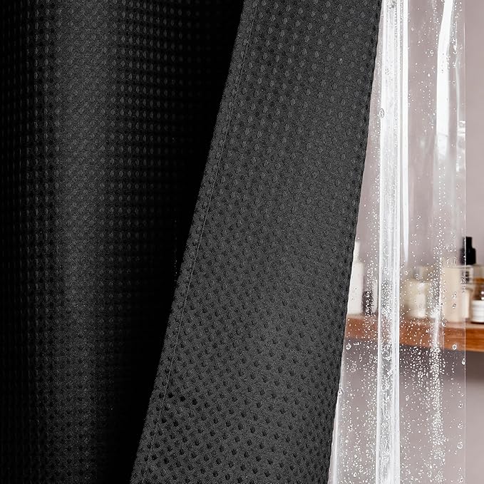 Dynamene Black Shower Curtain and Liner Set, Waffle Weave Fabric, Waterproof Clear Liner, 256GSM Heavy Duty Weighted Hotel Luxury Cloth Shower Curtains for Bathroom with 12 Plastic Hooks, 72Wx72H