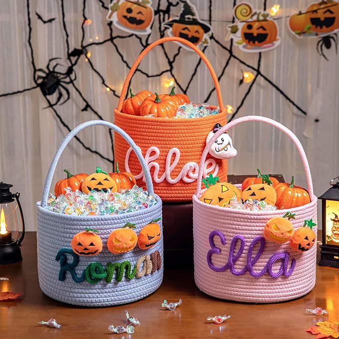 JUPPE Personalized Halloween Trick or Treat Basket, Custom Cotton Rope Candy Storage, Multi-Color, Medium 10x8 inches (Style 9)