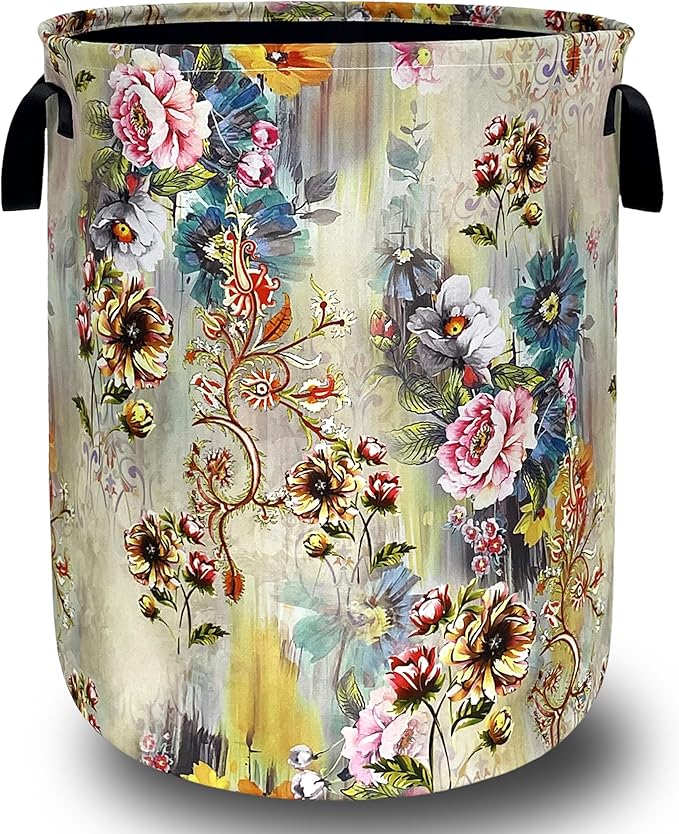 Beautiful Floral Laundry Basket Oxford Cloth Colorful Flowers Laundry Hamper With Handle Foldable Portable Clothes Storage Basket Funny Laundry Bag 18.9"x16.5" For Laundry Room/Bedroom/Bathrooms