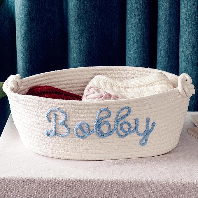 FKOG Personalized Cotton Rope Storage Basket, Handmade Baby Nursery Organizer with Custom Name, Baby Show Gift Basket, Newborn Baby Baptism Gift (White rectangle basket)