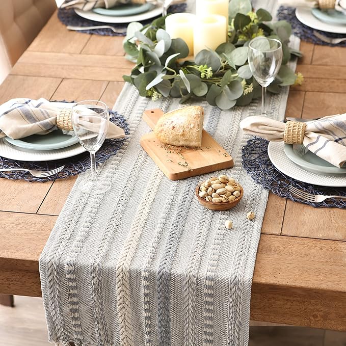 DII Farmhouse Braided Stripe Table Runner Collection, 15x108 (15x113, Fringe Included), Cool Gray