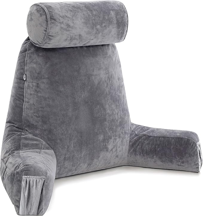 Husband Pillow Medium Reading Pillow with Arms - 23" Backrest for Sitting Up in Bed - Firm Support Bed Rest Pillow for Adults, Neck Roll, Removable Cover - TV, Reading, Lounging - Dark Grey