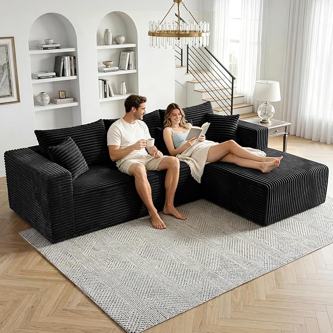 92.5" Cloud Sectional Couch with L-Shape Chaise, Modern Corduroy Boneless Couch for Living Room,Memory Foam Sofa with Deep Seat,No Assembly Required Washable Covers | Modern Corduroy, Boneless, Compressed in a Box, No Assembly Required