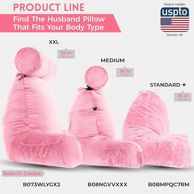Husband Pillow Medium Reading Pillow with Arms - 23" Backrest for Sitting Up in Bed - Firm Support Bed Rest Pillow for Adults, Neck Roll, Removable Cover - TV, Reading, Lounging - Pink