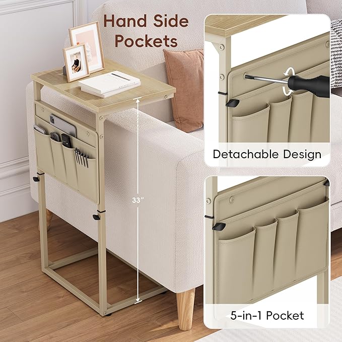 Vagusicc C Shaped End Table, 32'' Tall Side Table for Couch, Adjustable Height Small Couch Side Table for Small Spaces, End Table Slide Under Sofa Table TV Tray Table Arm Table for Living Room