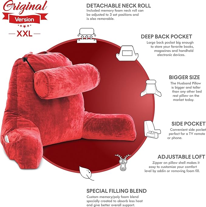 Husband Pillow XXL The Original for Adults - 30" Tall Backrest for Sitting Up in Bed - Firm Support Reading & Bed Rest Pillows for Adults, Neck Roll, Removable Cover - TV - Red