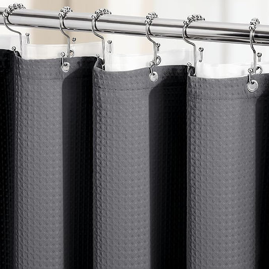 Dynamene Extra Long Shower Curtain and Liner Set - 84 inch Tall Waffle Fabric, Waterproof Clear Liner, Heavy Duty Weighted Hotel Luxury Shower Curtains for Bathroom with 12 Hooks, 72x84, Charcoal Grey