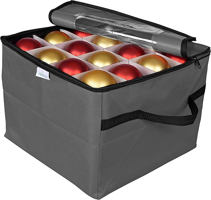 ProPik Holiday Ornament Storage Box Organizer Chest, With 3 Separate Removable Trays Holds Up to 48 Ornaments Balls, Three separated Trays With Dividers To Organize Bulbs (Gray)