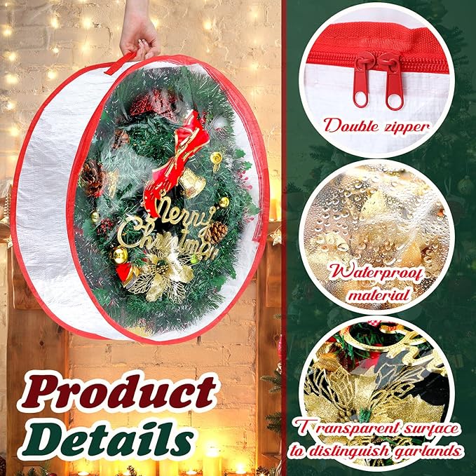Dunzy 8 Pieces Wreath Container Christmas Wreath Storage Bag Garland Tear Resistant Fabric Round Boxes with Clear Window for Storage for Xmas Holiday Ornament(24×24×7.8 Inch,White)