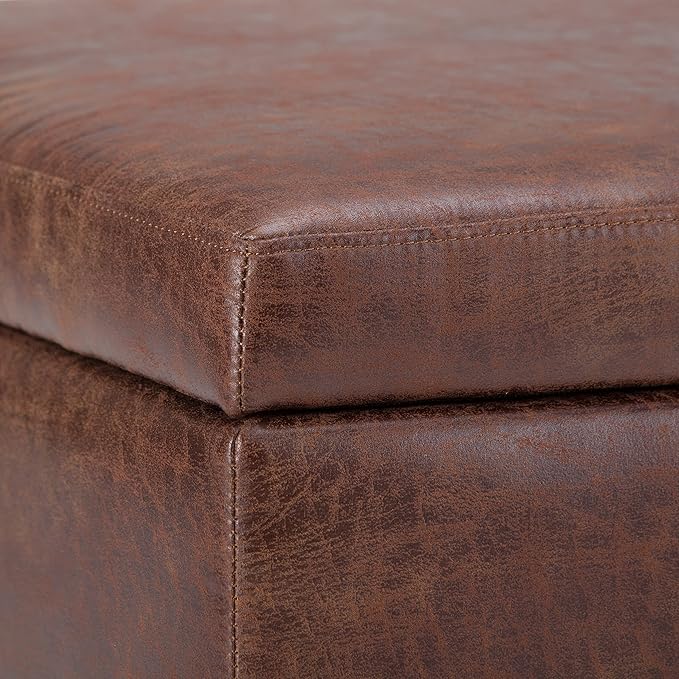 SIMPLIHOME Owen Coffee Table Storage Ottoman - 34" Wide x 19" High Upholstered Vegan Leather Rectangular Lift-Top Ottoman in Distressed Saddle Brown, Mid-Century Modern Bench with Tapered Legs
