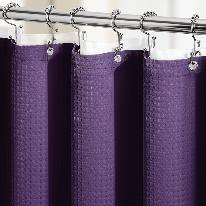 Dynamene Extra Long Shower Curtain and Liner Set - 96 inch Tall Waffle Fabric, Waterproof Clear Liner, Heavy Duty Weighted Hotel Luxury Cloth Shower Curtains for Bathroom with 12 Hooks, 72x96, Purple