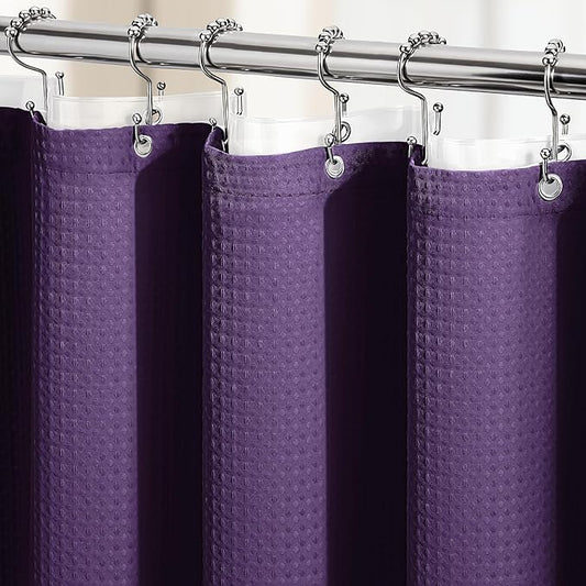 Dynamene Extra Long Shower Curtain and Liner Set - 96 inch Tall Waffle Fabric, Waterproof Clear Liner, Heavy Duty Weighted Hotel Luxury Cloth Shower Curtains for Bathroom with 12 Hooks, 72x96, Purple