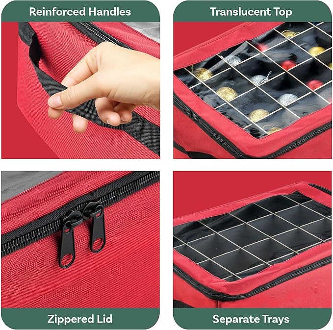 Ornament Storage Box - Zippered Lid Organizer with 48 Individual Compartments and Dividers for Christmas Bulbs and Decorations by Tiny Tim Totes (Red)