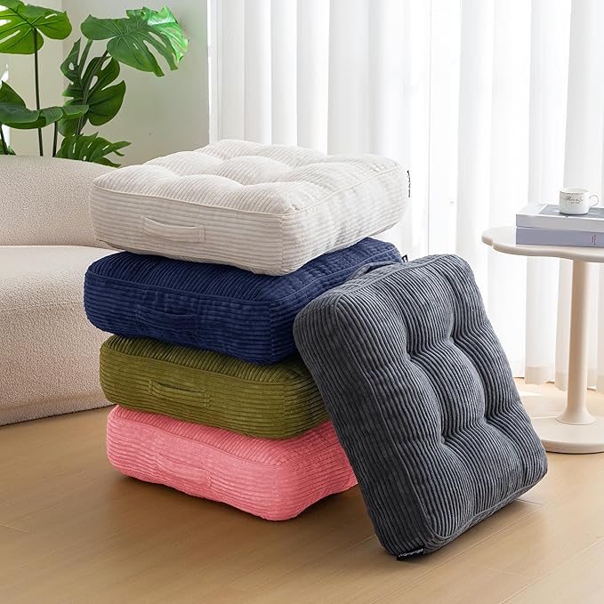HIGOGOGO 6" Extra Thick Floor Pillow Cushion for Adults, Meditation Cushion Pillow, Large Square Floor Sitting, Tufted Corduroy Cover, for Tatami Living Room or Yoga, 22x22 Inch, Pink