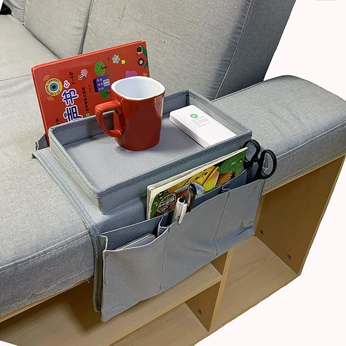 Sofa Armrest Organizer, Couch TV Remote Storage Organizer with Pockets for Recliner Armchair Snacks Glasses Smartphone Magazines Pouch (Grey+Grey)