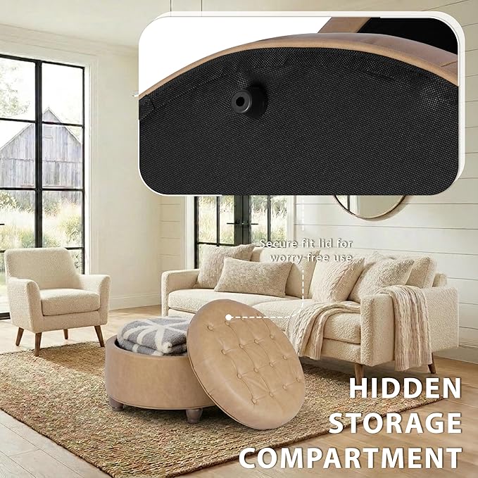 Homepop Home Decor | Button Tufted Faux Leather Round Storage Ottoman | Ottoman with Storage for Living Room & Bedroom (Sand Faux Leather)