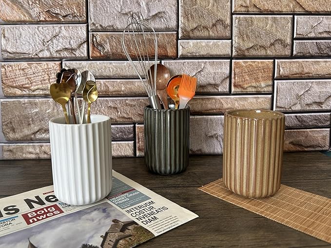TOPYOKK Stoneware Coffee Bar Utensil Holder Tea & Coffee Spoon & Stirrer Holder for Stir Stick Straw Teaspoon Holder Spoon Cup Small Utensil Jar Fluted Vertical Stripe (Bronze)