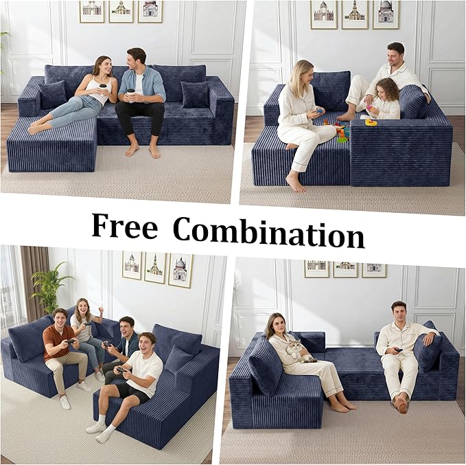 92.5" Modular Sectional Sofa, Boneless Compressed Sofa in a Box, L-Shaped Cloud Couch with Deep Seats & Chaise for Living Room, No Assembly Required (Blue, 92.5" L-Shape with Left Facing Chiase) | Boneless Compressed, Sofa in a Box, Cloud Couch, Deep S...