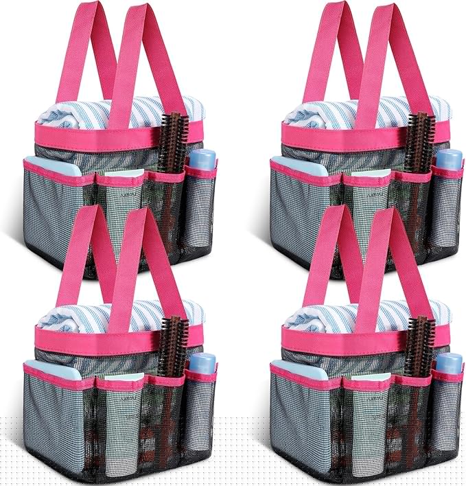 Hillban 4 Pcs Mesh Shower Caddy Portable Shower Caddy for Dorm Beach Mesh Bags with Deeper 8 Pockets and Handles Showers Caddies Basket for Women College Room Vacation(Rose Red)