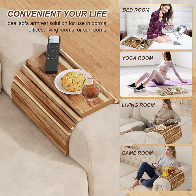 ZUJJAFY Sofa Arm Tray, Acacia Wood Folding Couch Armrest Table, Anti-Falling Armrest Tables Cup Holder for Snacks, Drinks, Beers, Phone, Control, Flexible and Portable, Anti-Slip Bottom