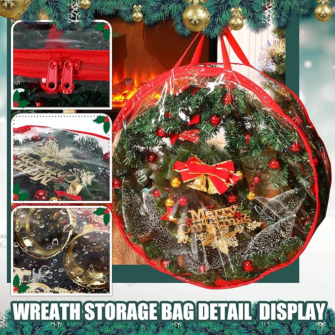 Shappy 4 Pcs 36 Inch Back to School Wreath Storage Container Clear Wreath Storage Bags PVC Waterproof Garland Bags with Clear Window Dual Zippers and Handles for Holiday Artificial Garland (Red)