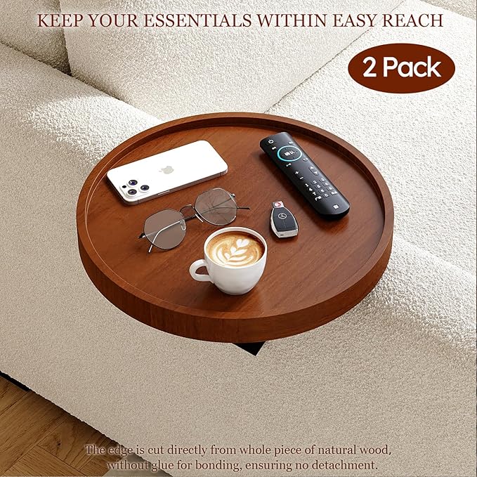 2 Pack Sofa Arm Tray,11.8“ Adjustable Natural Wood Couch Arm Trays Tables with Phone Holder,More Anti-Slip Clip On Chair Table Tray,Round Couch Armrest Cup Holder for Drinks Snack Eating
