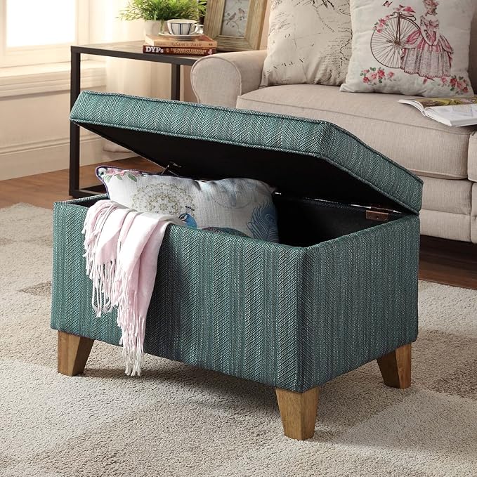 Homepop Home Decor | Medium Square Storage Ottoman with Hinged Lid | Ottoman with Storage for Living Room & Bedroom, Teal